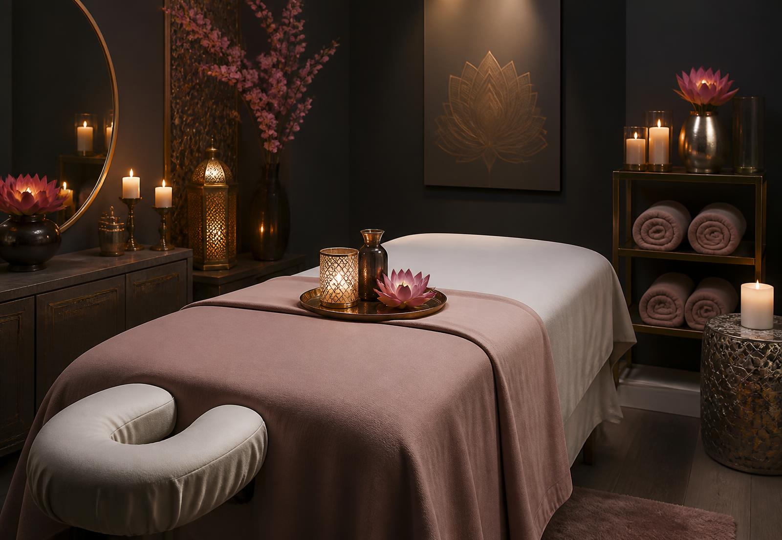 Candlelit massage room with dusty rose linens and gold accents